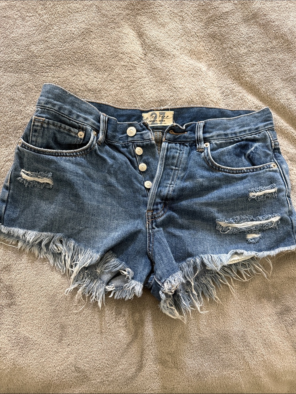 We The Free Distressed Frayed Hem Denim Shorts - Blue